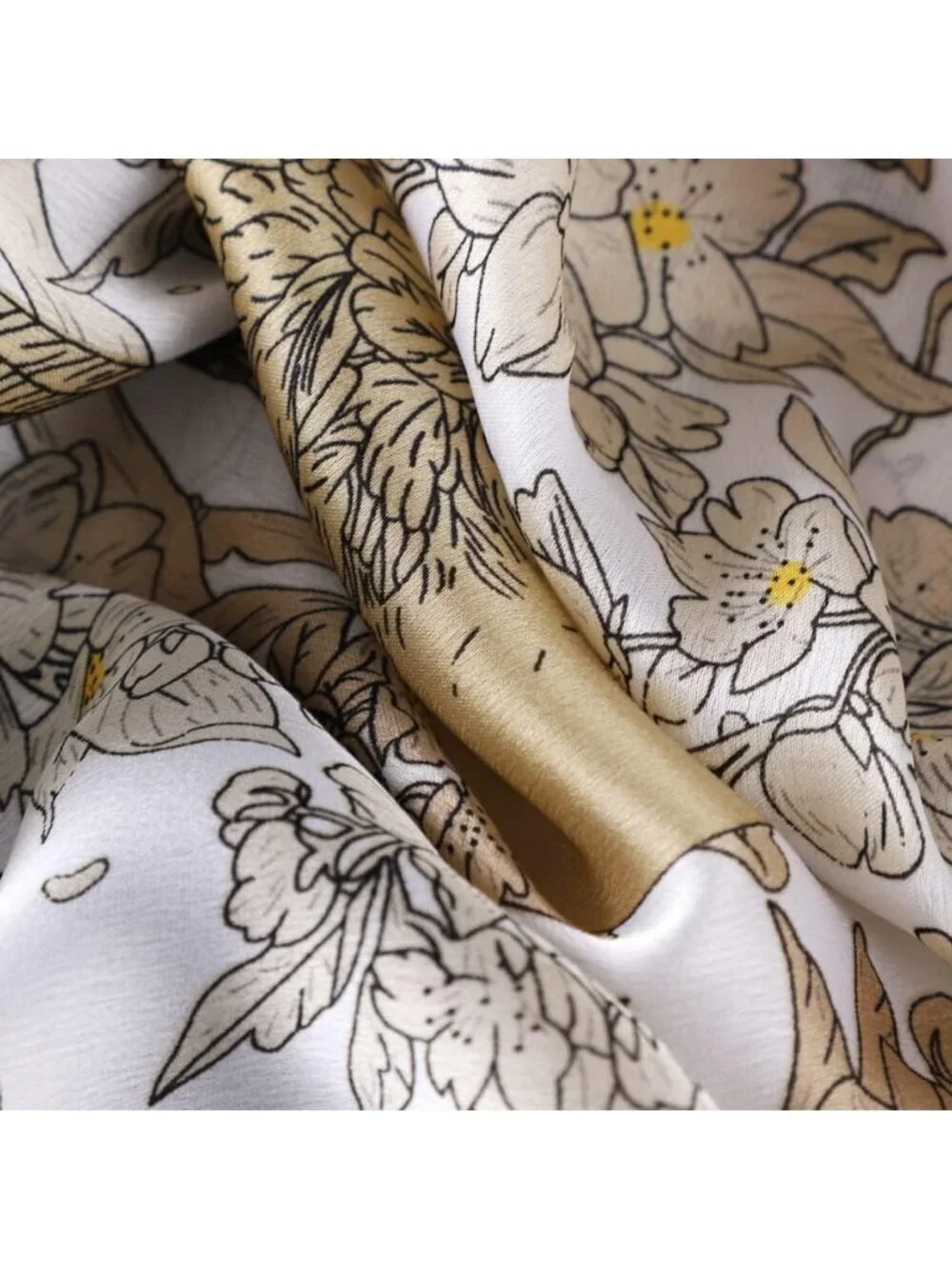 Women's White Black Light Silk Like Scarves Flower Print Head Cotton Wrap Scarf
